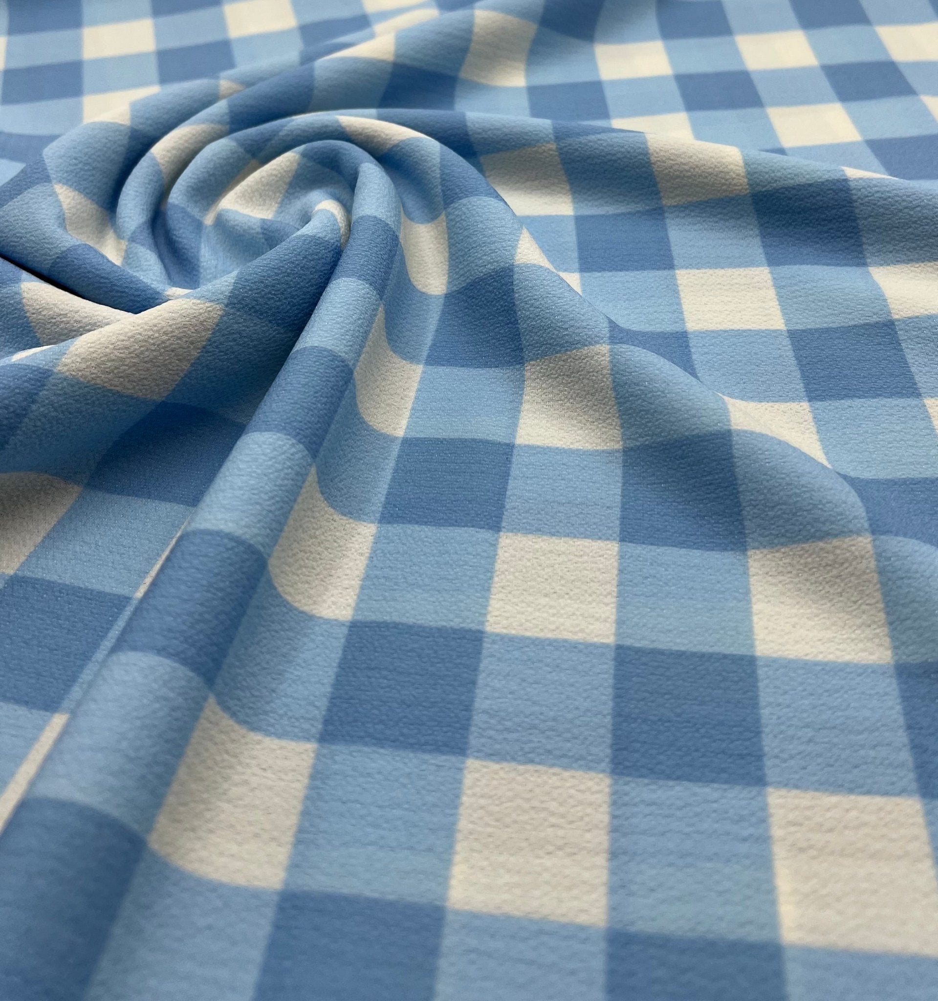 Blue White Check Print Lightweight Bubble Crepe Fabric - T9 Fabrics